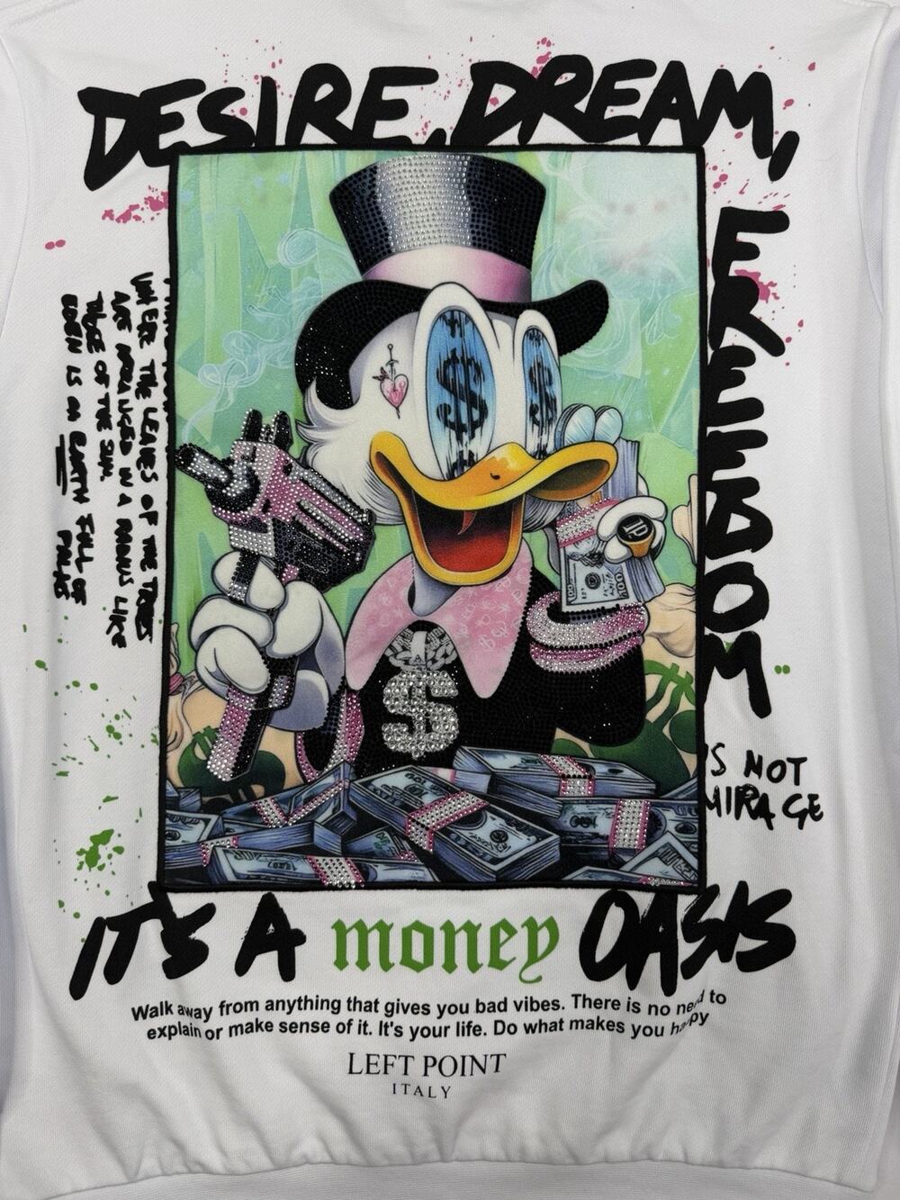 Left Point White Men's Pullover Sweatshirt Duck Graphic Money Oasis Size Medium